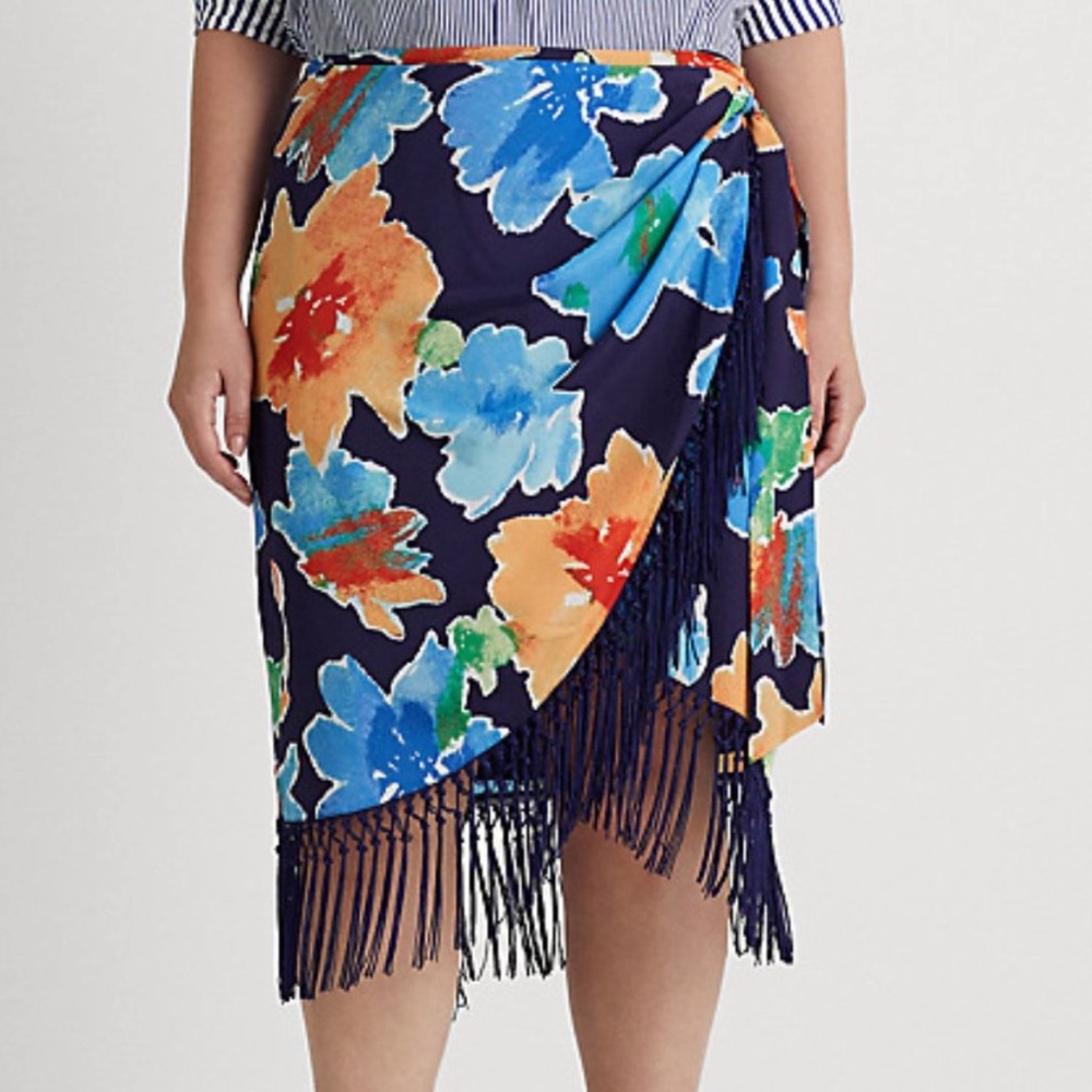 Lauren Ralph Lauren Fringe-Trim Floral Crepe Skirt NWT Faux belt - Picture 2 of 15